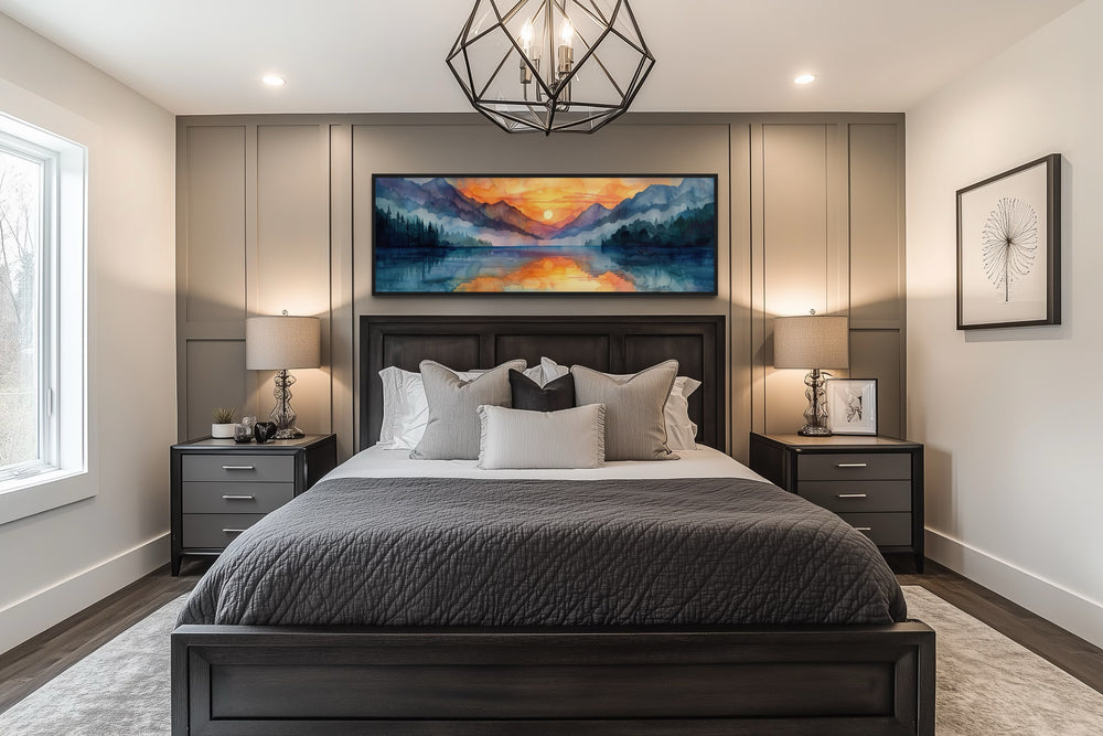 Long Narrow Mountain Lake Sunset Landscape Framed Canvas Wall Art