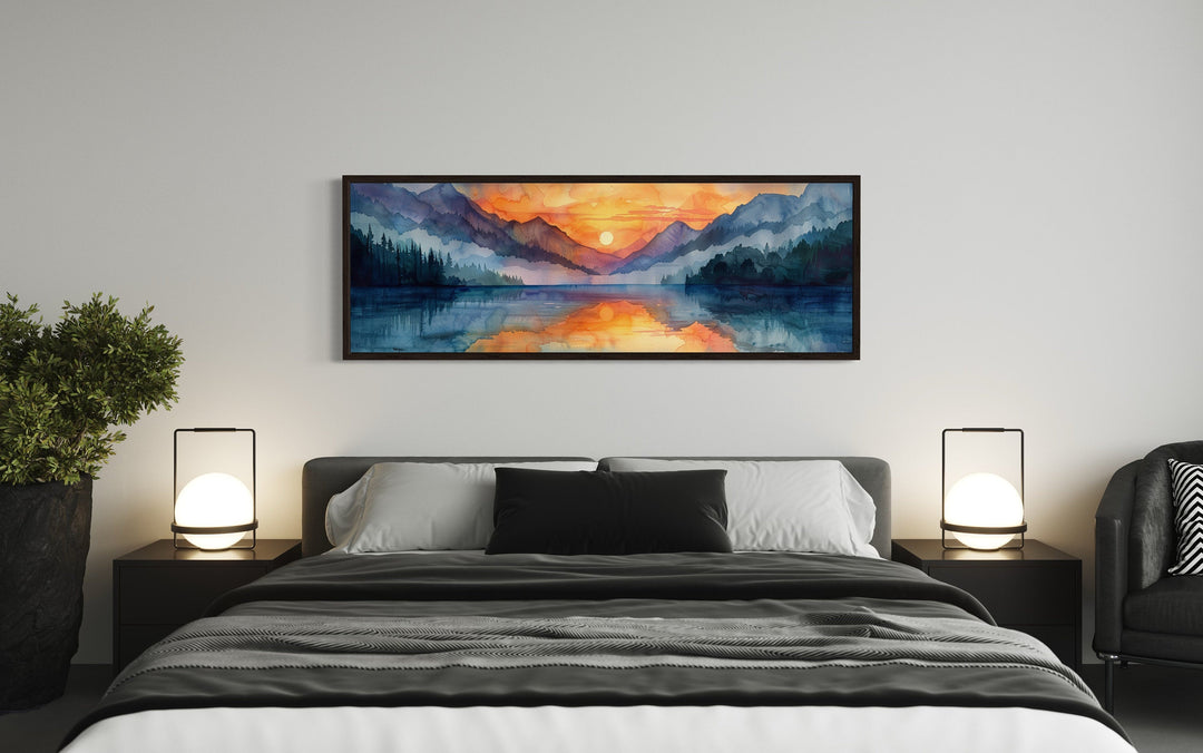 Long Narrow Mountain Lake Sunset Landscape Framed Canvas Wall Art