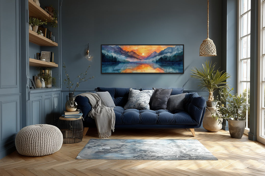 Long Narrow Mountain Lake Sunset Landscape Framed Canvas Wall Art