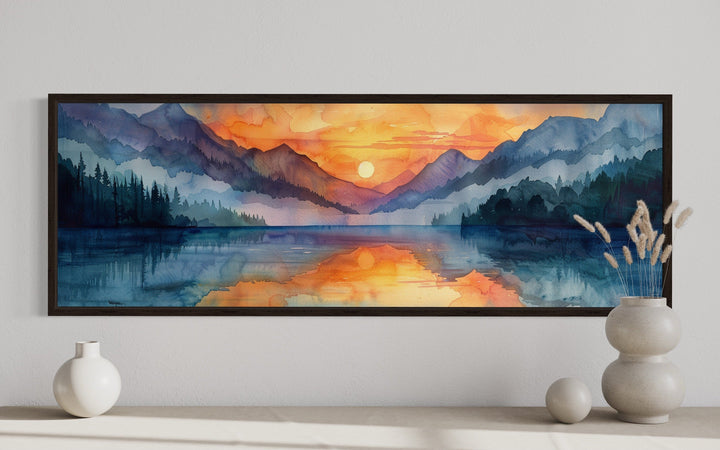 Long Narrow Mountain Lake Sunset Landscape Framed Canvas Wall Art