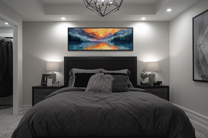 Long Narrow Mountain Lake Sunset Landscape Framed Canvas Wall Art