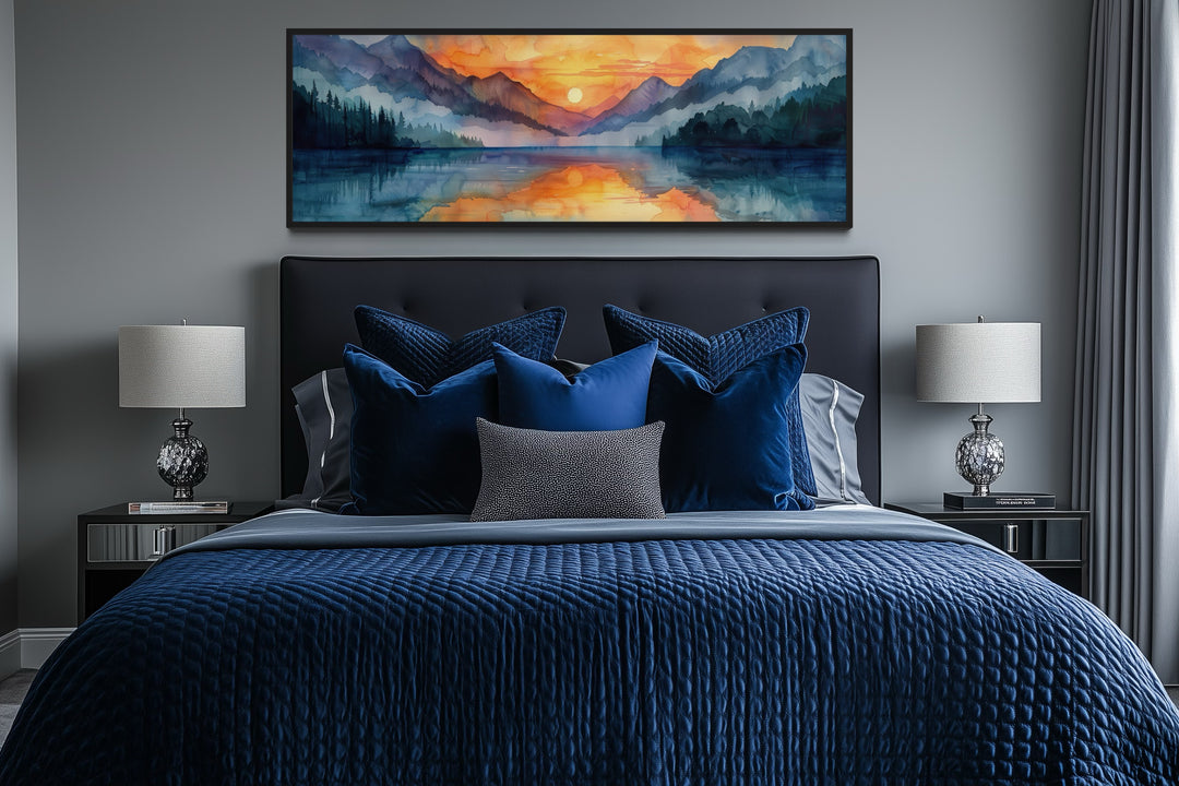 Long Narrow Mountain Lake Sunset Landscape Framed Canvas Wall Art