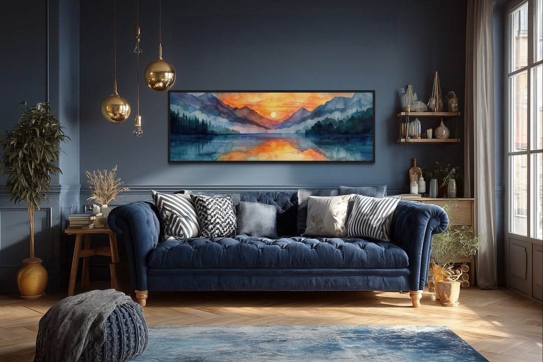 Long Narrow Mountain Lake Sunset Landscape Framed Canvas Wall Art