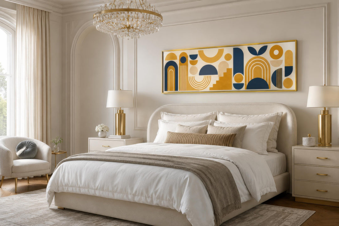 Long narrow Bauhaus canvas wall art with mustard yellow and navy geometric shapes above a bed.