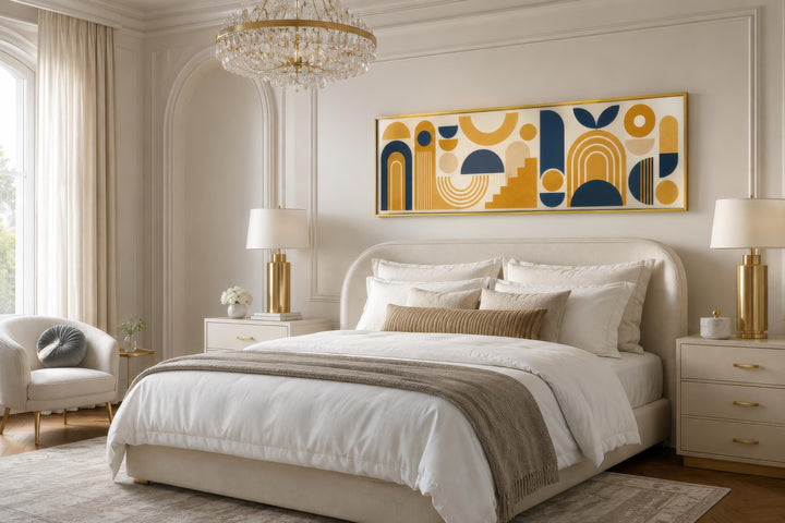 Long narrow Bauhaus canvas wall art with mustard yellow and navy geometric shapes above a bed.