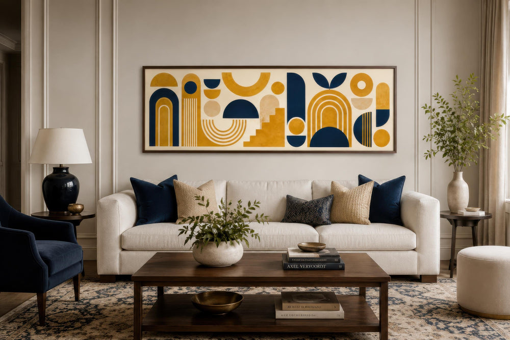 Long narrow canvas wall art with mustard yellow and navy blue Bauhaus geometric shapes over a sofa.