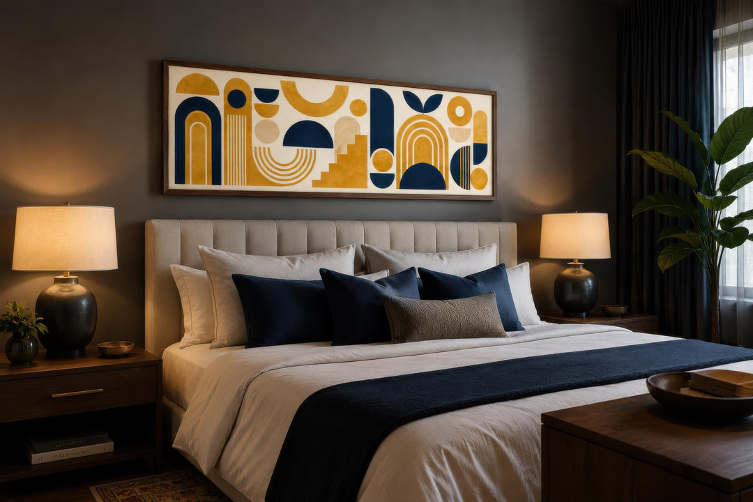 Long narrow canvas wall art with mustard yellow and navy Bauhaus geometric shapes above a bed.