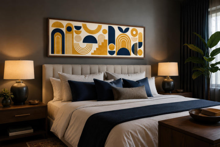 Long narrow canvas wall art with mustard yellow and navy Bauhaus geometric shapes above a bed.