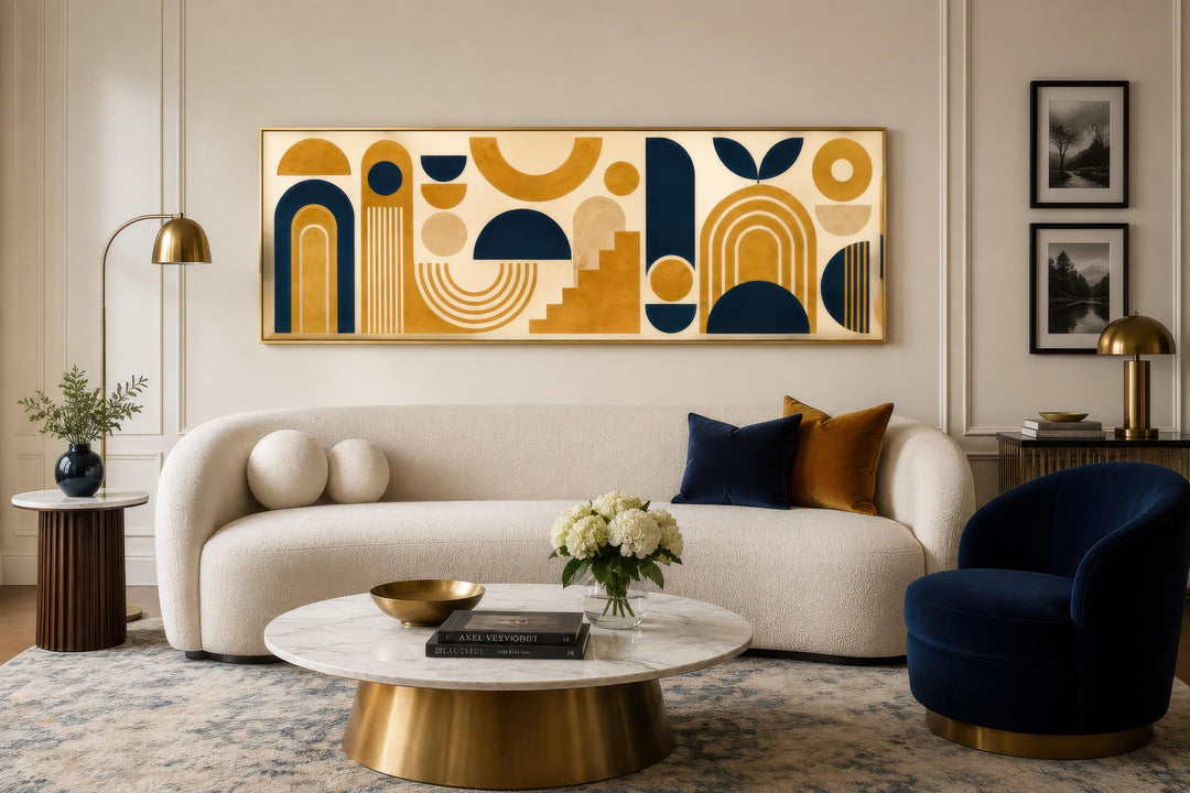 Long narrow Bauhaus canvas wall art with mustard yellow and navy blue geometric shapes over a sofa.