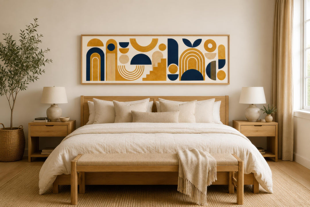 Long narrow Bauhaus canvas wall art with mustard yellow and navy geometric shapes above a bed.