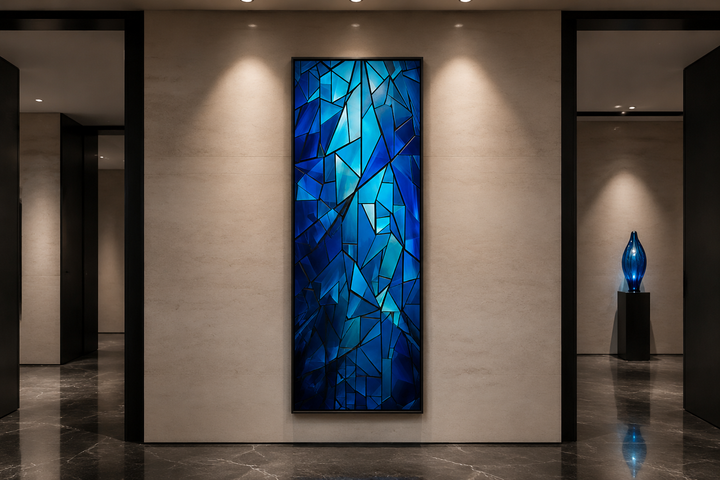 Vertical framed canvas wall art featuring a navy blue kaleidoscope mosaic abstract pattern.