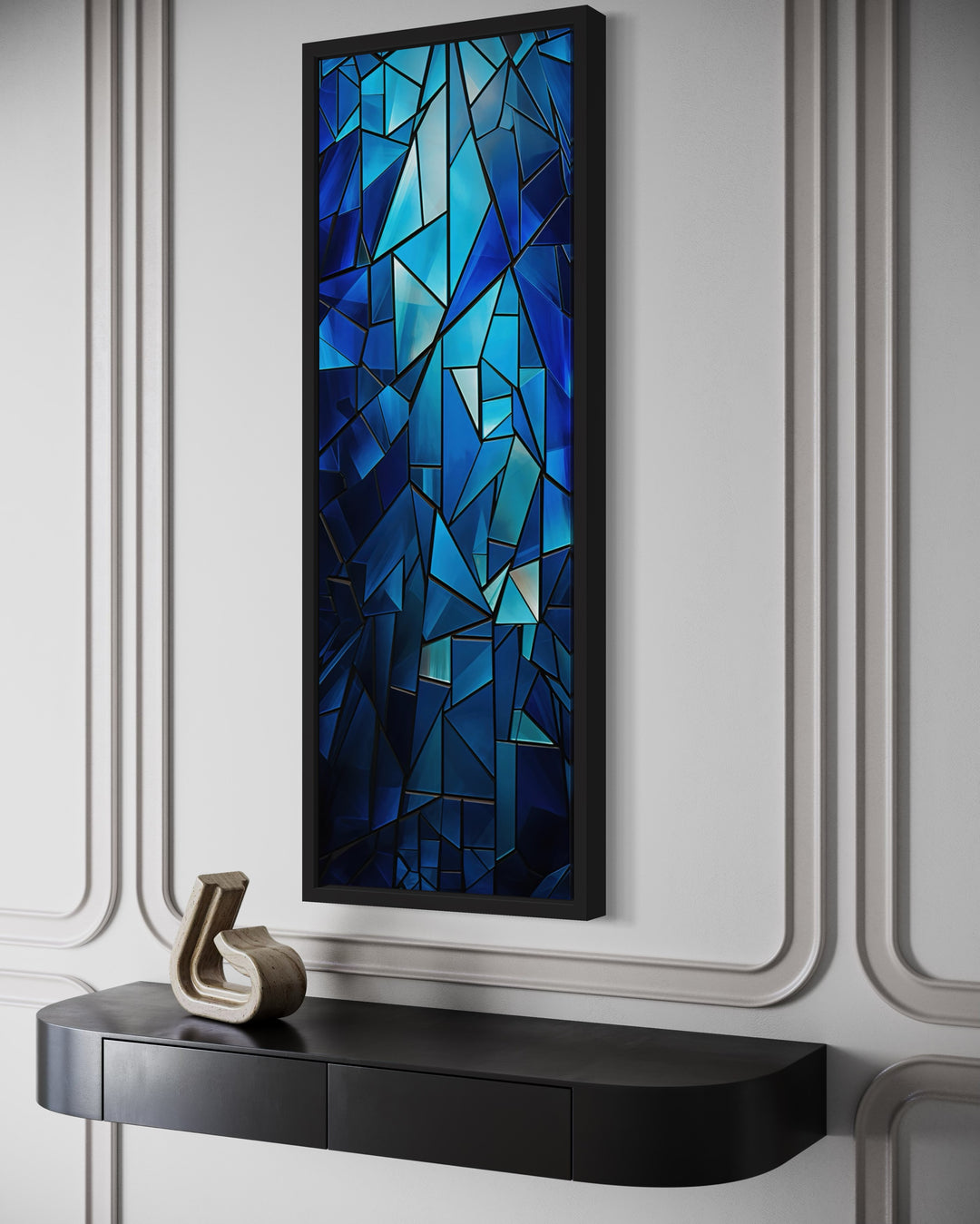Vertical framed canvas wall art with a navy blue kaleidoscope mosaic abstract pattern.