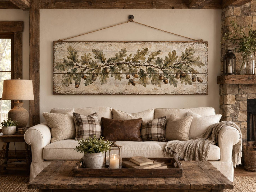 Long Narrow Oak Leaves and Acorns Distressed Wood Wall Art – Botanical Rustic Farmhouse Wood Panel Decor