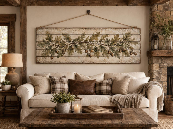 Long Narrow Oak Leaves and Acorns Distressed Wood Wall Art – Botanical Rustic Farmhouse Wood Panel Decor