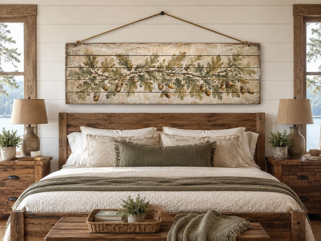 Long Narrow Oak Leaves and Acorns Distressed Wood Wall Art – Botanical Rustic Farmhouse Wood Panel Decor