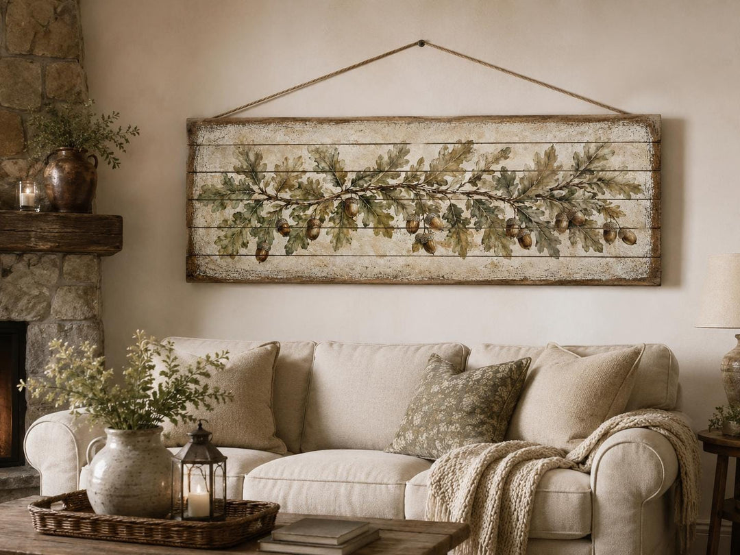 Long Narrow Oak Leaves and Acorns Distressed Wood Wall Art – Botanical Rustic Farmhouse Wood Panel Decor