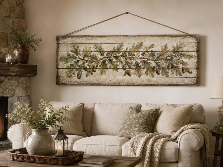 Long Narrow Oak Leaves and Acorns Distressed Wood Wall Art – Botanical Rustic Farmhouse Wood Panel Decor