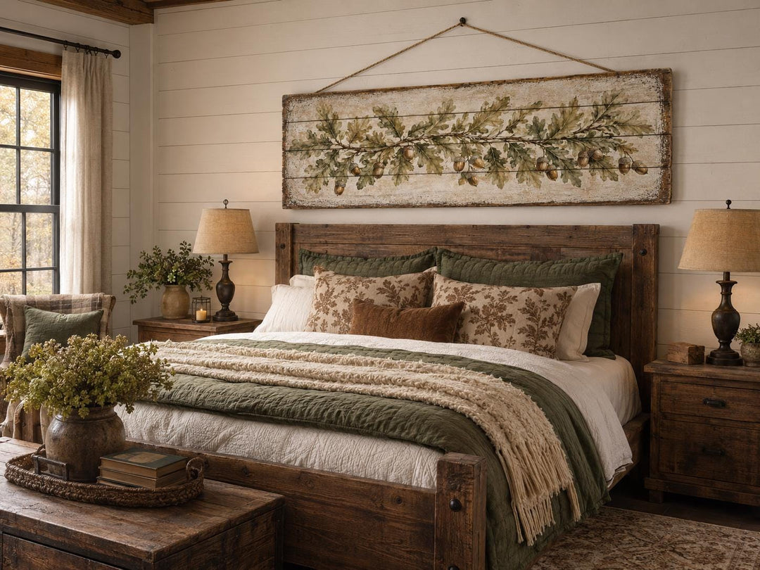 Long Narrow Oak Leaves and Acorns Distressed Wood Wall Art – Botanical Rustic Farmhouse Wood Panel Decor