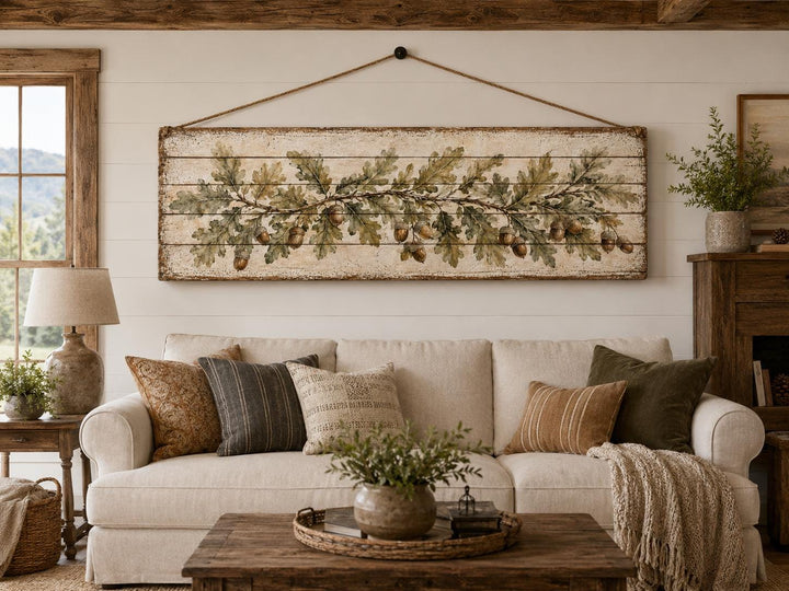 Long Narrow Oak Leaves and Acorns Distressed Wood Wall Art – Botanical Rustic Farmhouse Wood Panel Decor