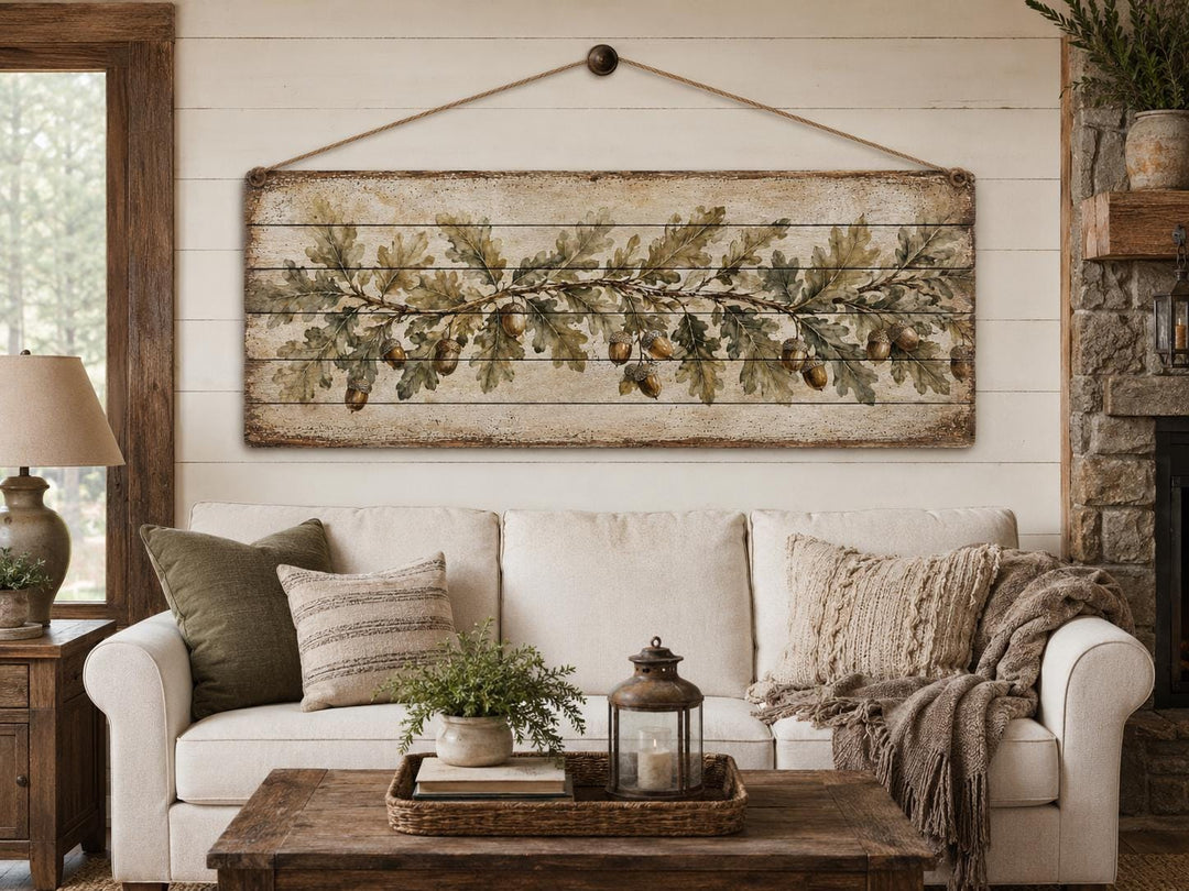 Long Narrow Oak Leaves and Acorns Distressed Wood Wall Art – Botanical Rustic Farmhouse Wood Panel Decor