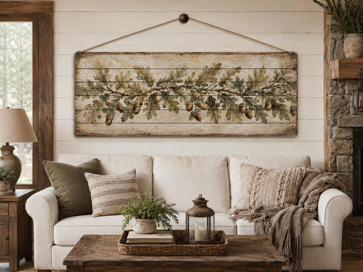 Long Narrow Oak Leaves and Acorns Distressed Wood Wall Art – Botanical Rustic Farmhouse Wood Panel Decor