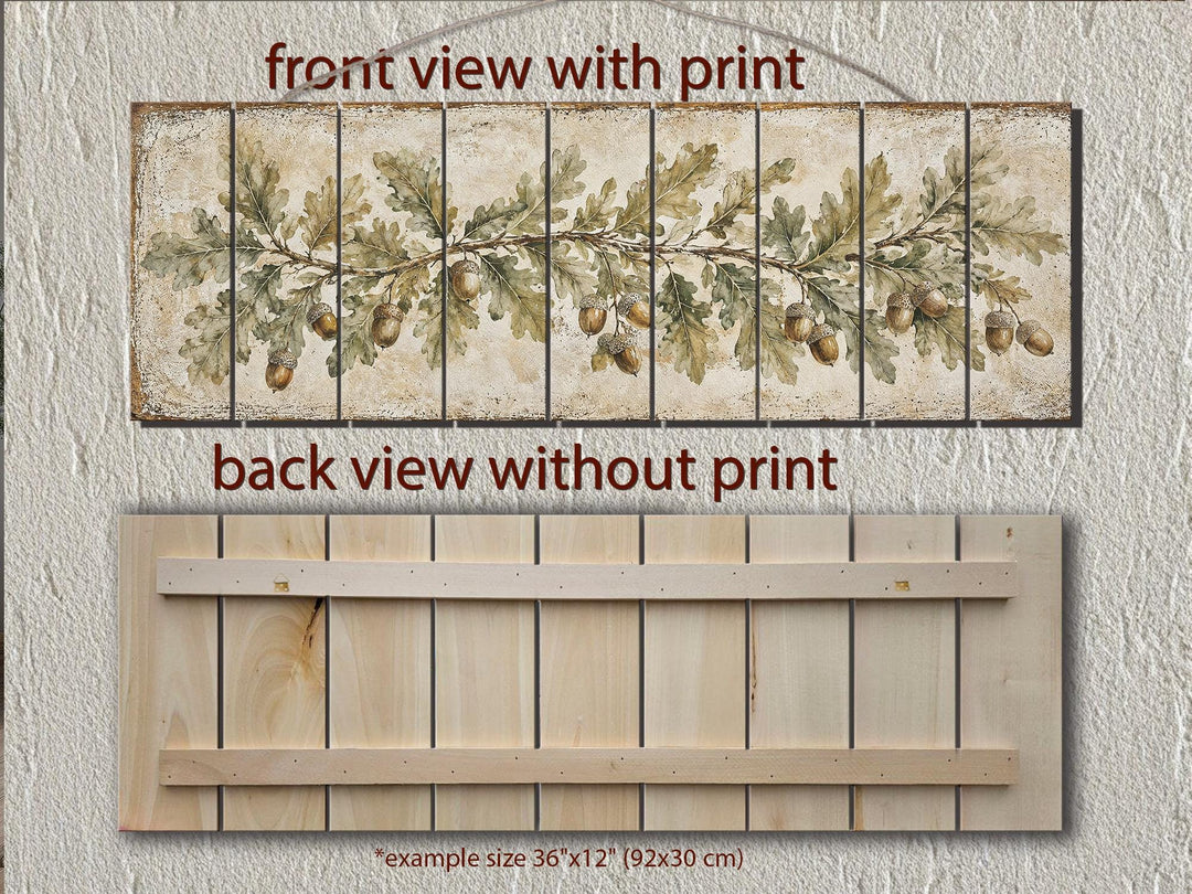 Long Narrow Oak Leaves and Acorns Distressed Wood Wall Art – Botanical Rustic Farmhouse Wood Panel Decor