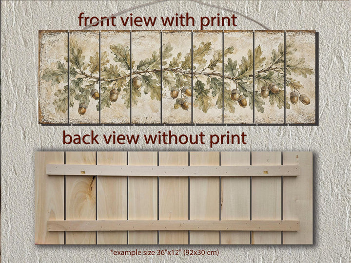 Long Narrow Oak Leaves and Acorns Distressed Wood Wall Art – Botanical Rustic Farmhouse Wood Panel Decor