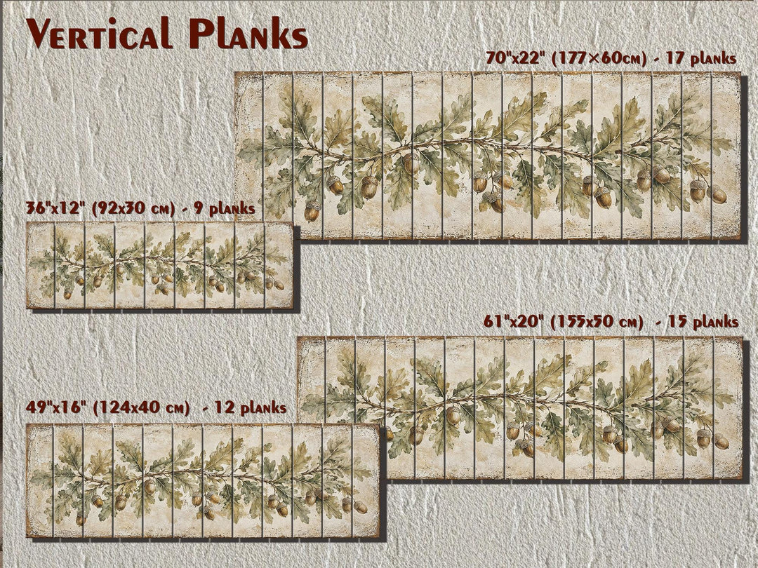 Long Narrow Oak Leaves and Acorns Distressed Wood Wall Art – Botanical Rustic Farmhouse Wood Panel Decor
