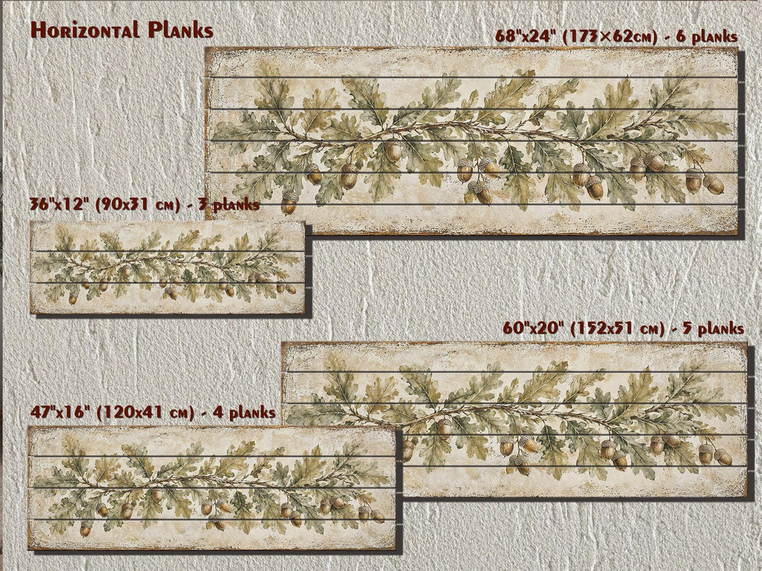 Long Narrow Oak Leaves and Acorns Distressed Wood Wall Art – Botanical Rustic Farmhouse Wood Panel Decor