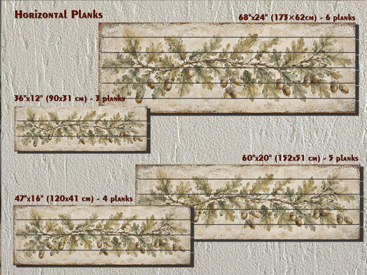 Long Narrow Oak Leaves and Acorns Distressed Wood Wall Art – Botanical Rustic Farmhouse Wood Panel Decor