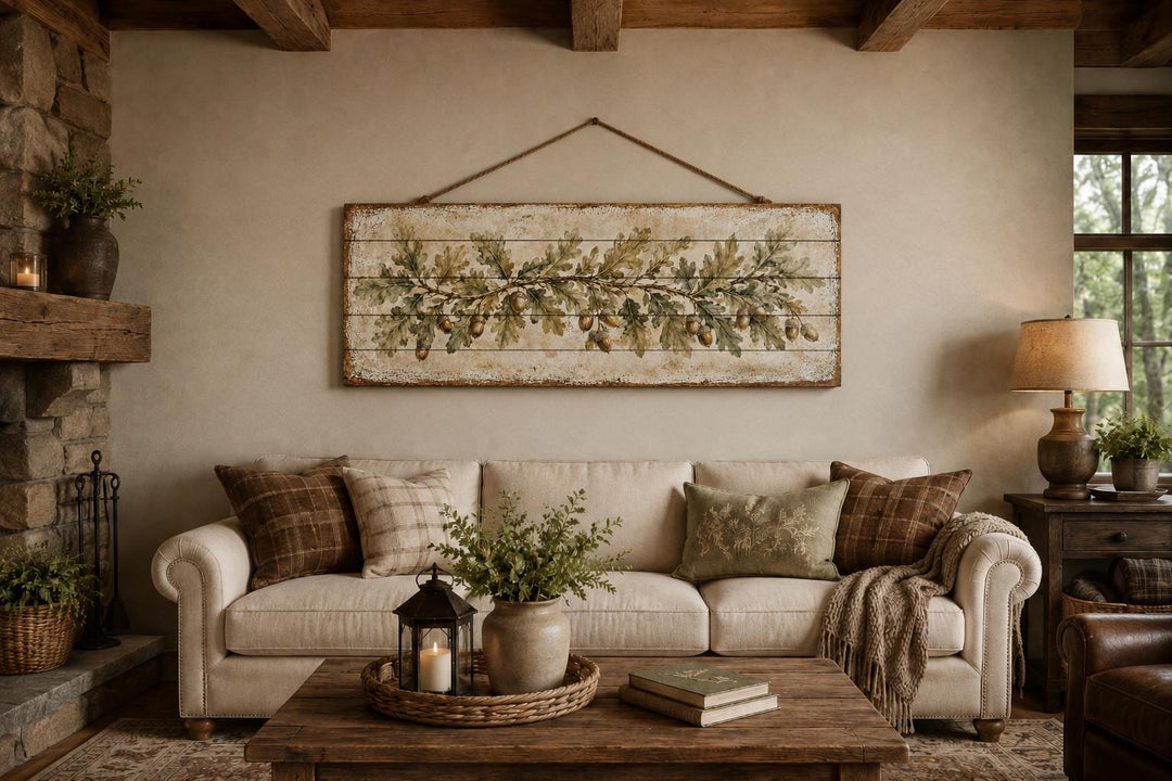 Long Narrow Oak Leaves and Acorns Distressed Wood Wall Art – Botanical Rustic Farmhouse Wood Panel Decor