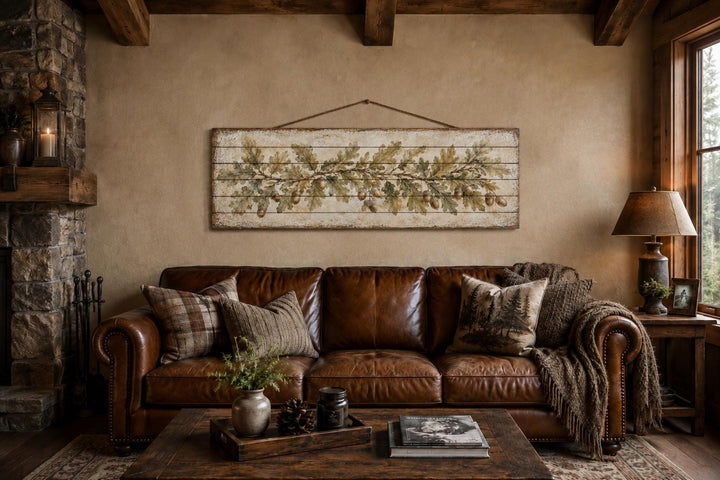 Long Narrow Oak Leaves and Acorns Distressed Wood Wall Art – Botanical Rustic Farmhouse Wood Panel Decor