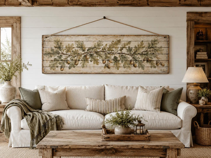 Long Narrow Oak Leaves and Acorns Distressed Wood Wall Art – Botanical Rustic Farmhouse Wood Panel Decor