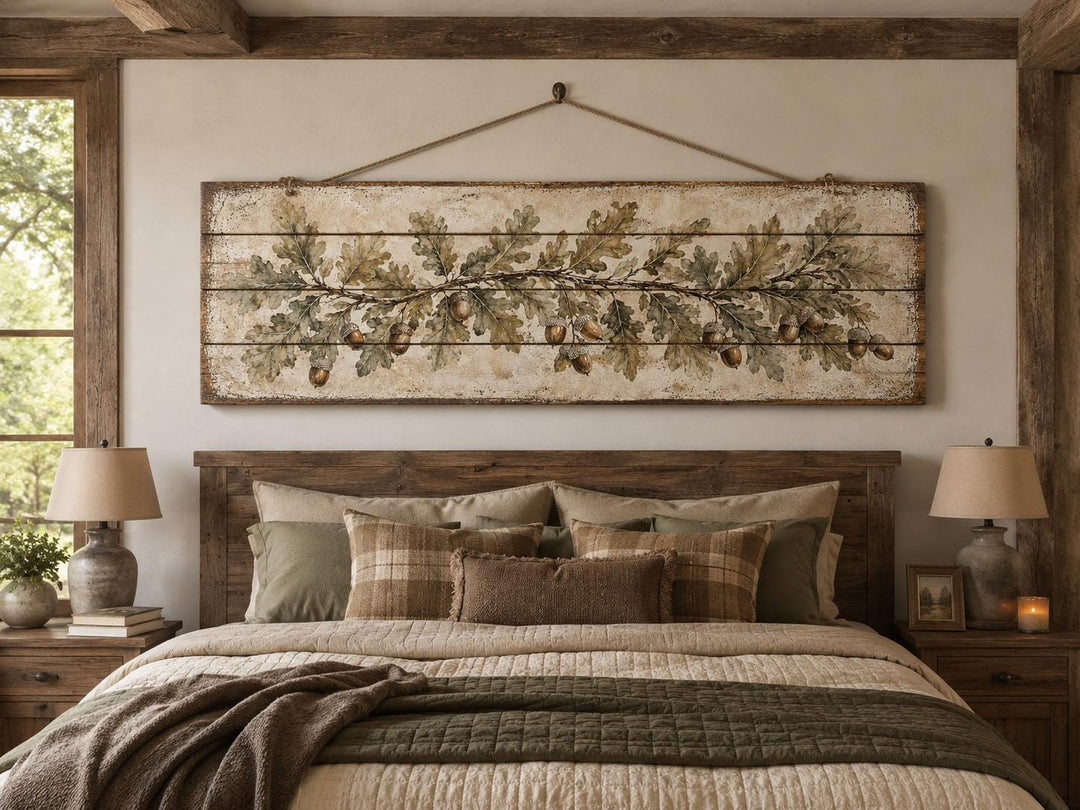 Long Narrow Oak Leaves and Acorns Distressed Wood Wall Art – Botanical Rustic Farmhouse Wood Panel Decor