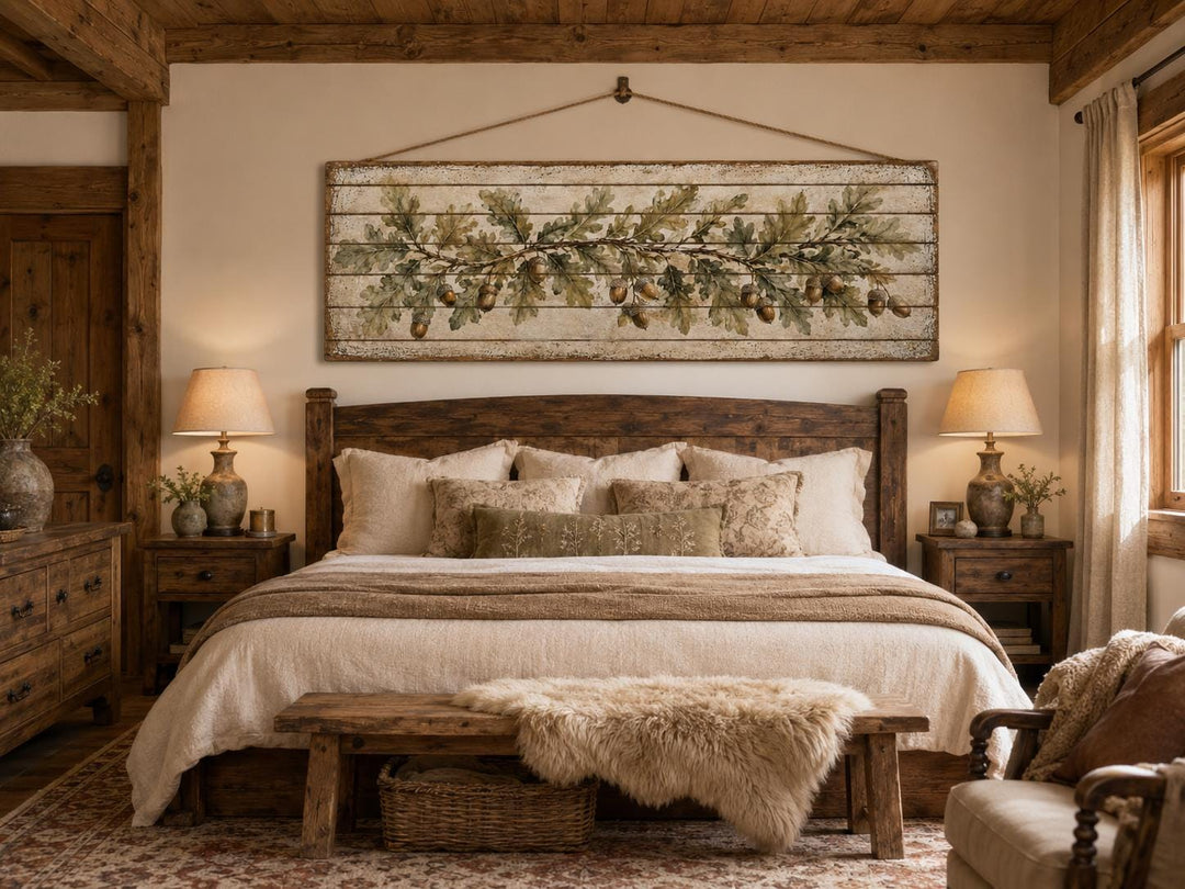 Long Narrow Oak Leaves and Acorns Distressed Wood Wall Art – Botanical Rustic Farmhouse Wood Panel Decor