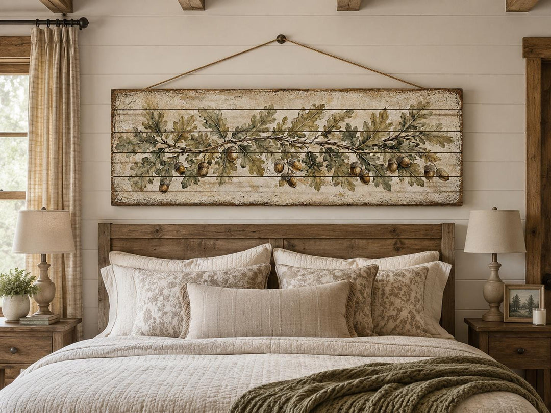 Long Narrow Oak Leaves and Acorns Distressed Wood Wall Art – Botanical Rustic Farmhouse Wood Panel Decor