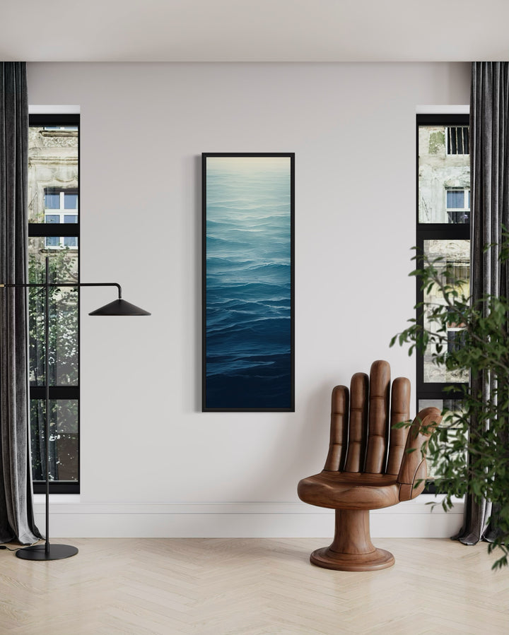 Long Narrow Ocean Waves Navy Blue Vertical Framed Canvas Wall Art