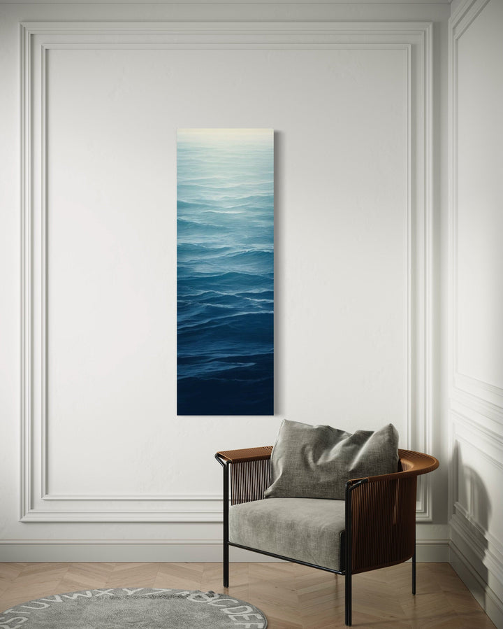 Long Narrow Ocean Waves Navy Blue Vertical Framed Canvas Wall Art