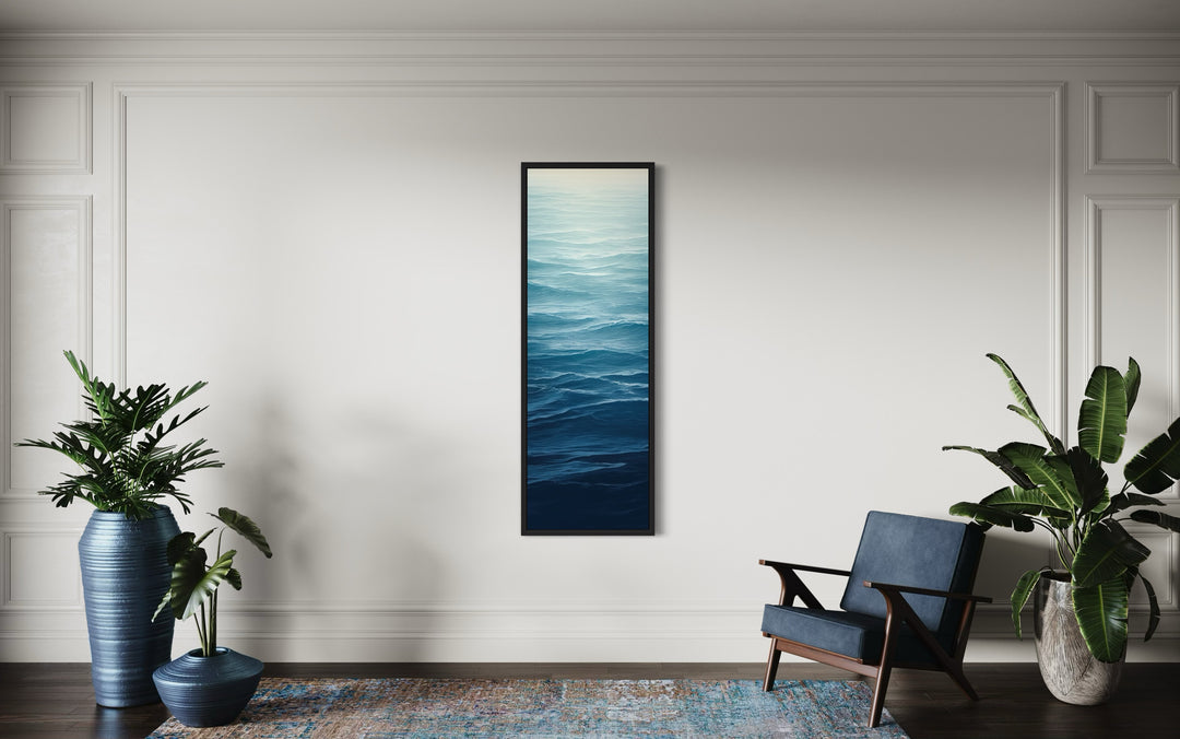 Long Narrow Ocean Waves Navy Blue Vertical Framed Canvas Wall Art