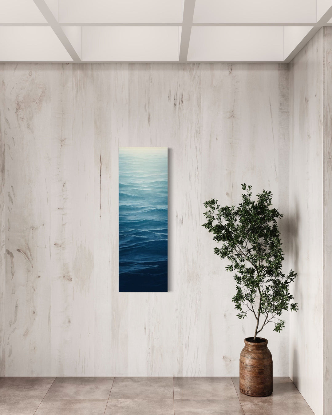 Long Narrow Ocean Waves Navy Blue Vertical Framed Canvas Wall Art