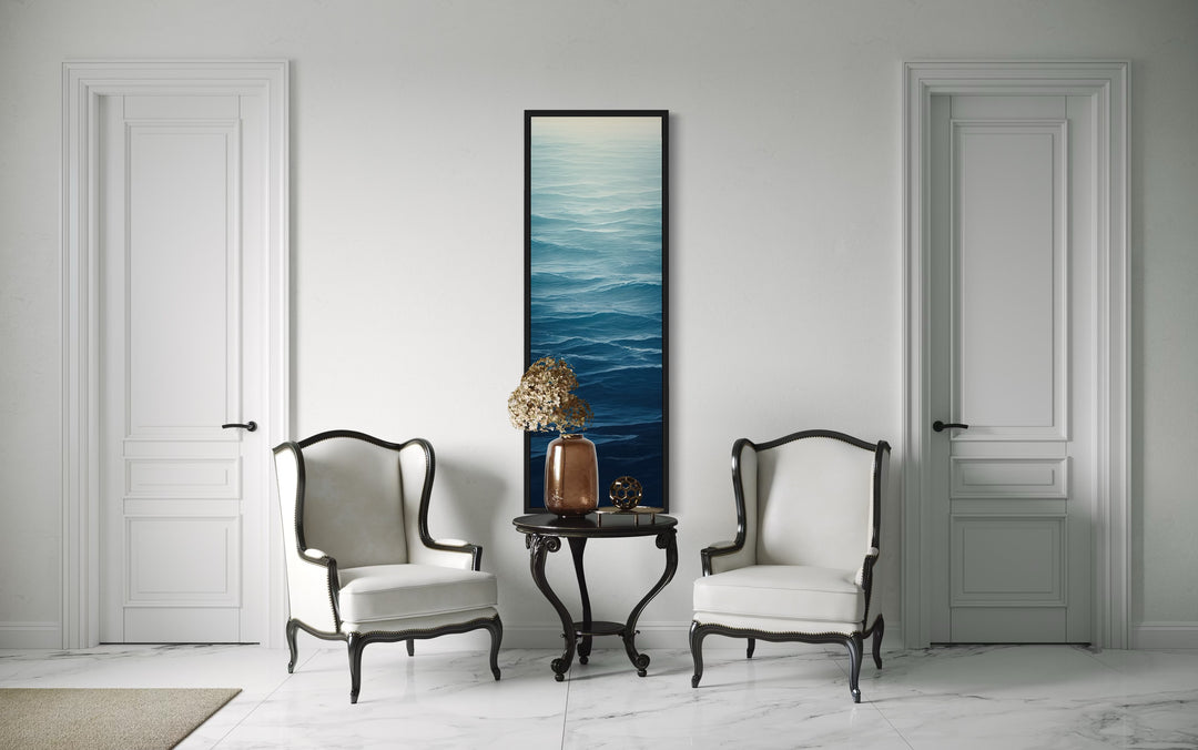 Long Narrow Ocean Waves Navy Blue Vertical Framed Canvas Wall Art