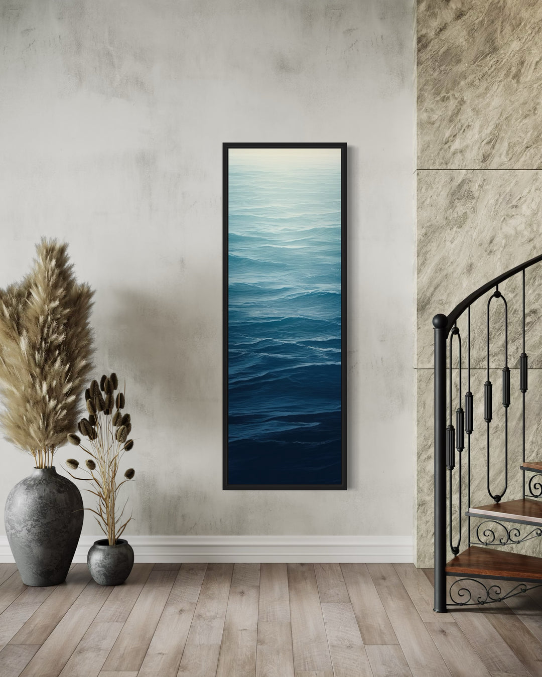 Long Narrow Ocean Waves Navy Blue Vertical Framed Canvas Wall Art