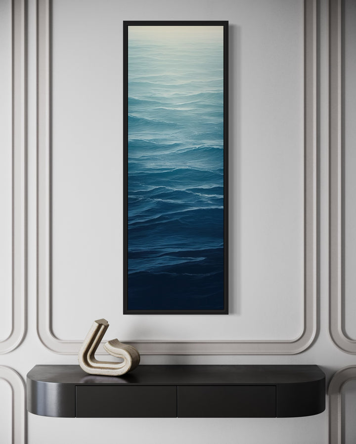 Long Narrow Ocean Waves Navy Blue Vertical Framed Canvas Wall Art