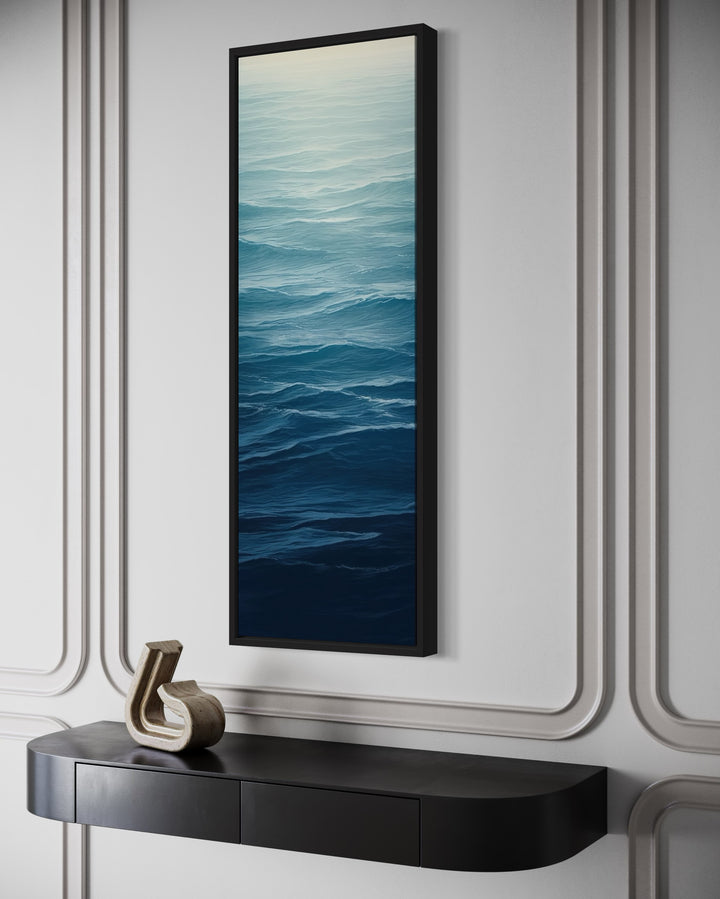 Long Narrow Ocean Waves Navy Blue Vertical Framed Canvas Wall Art