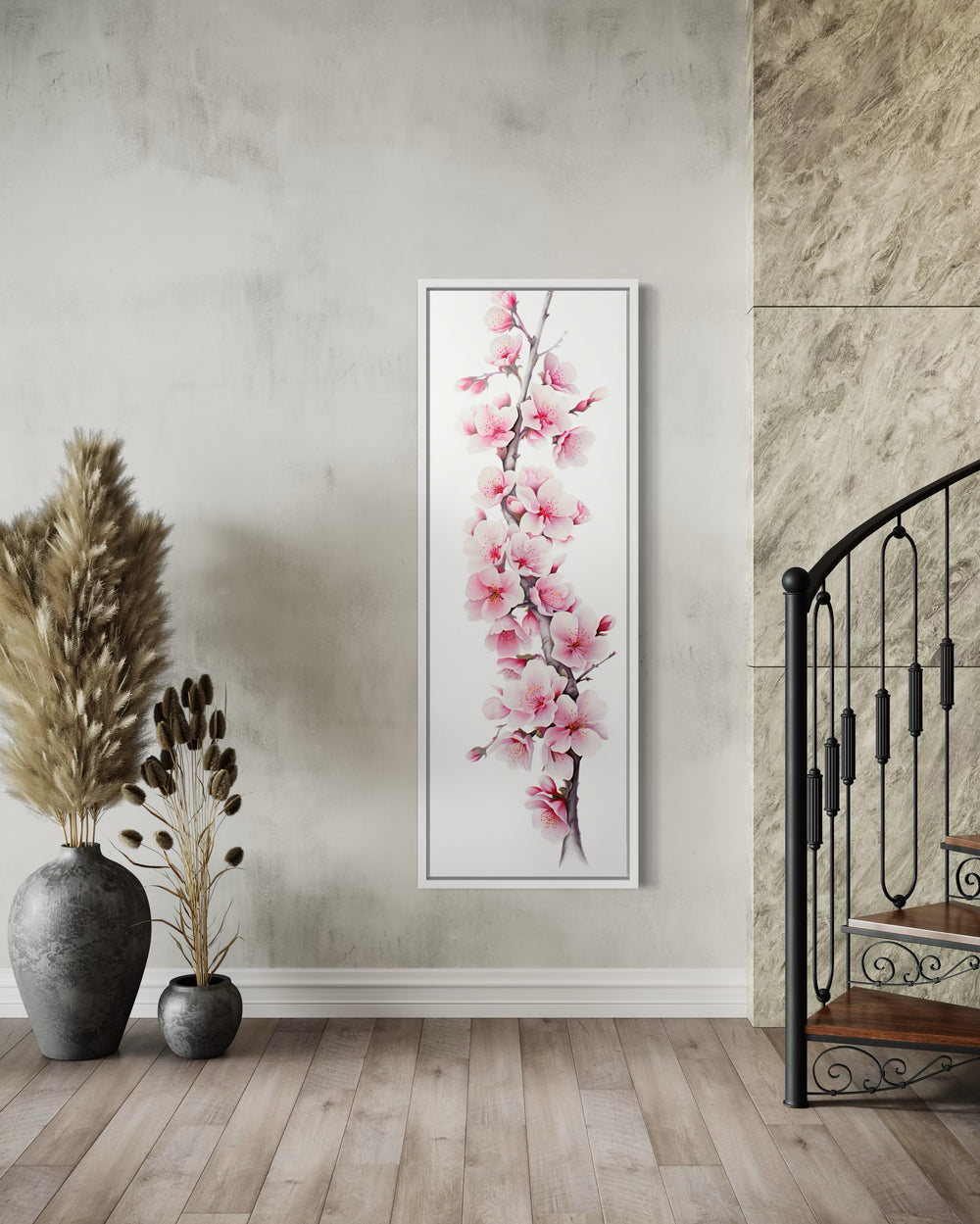 Long Narrow Pink Watercolor Cherry Blossom Sakura Vertical Framed Canvas Wall Art