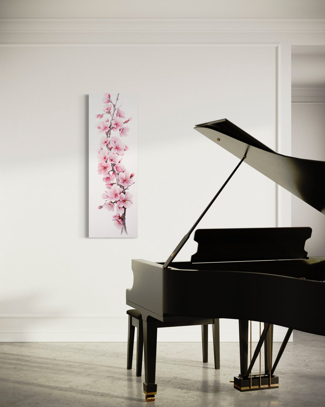 Long Narrow Pink Watercolor Cherry Blossom Sakura Vertical Framed Canvas Wall Art