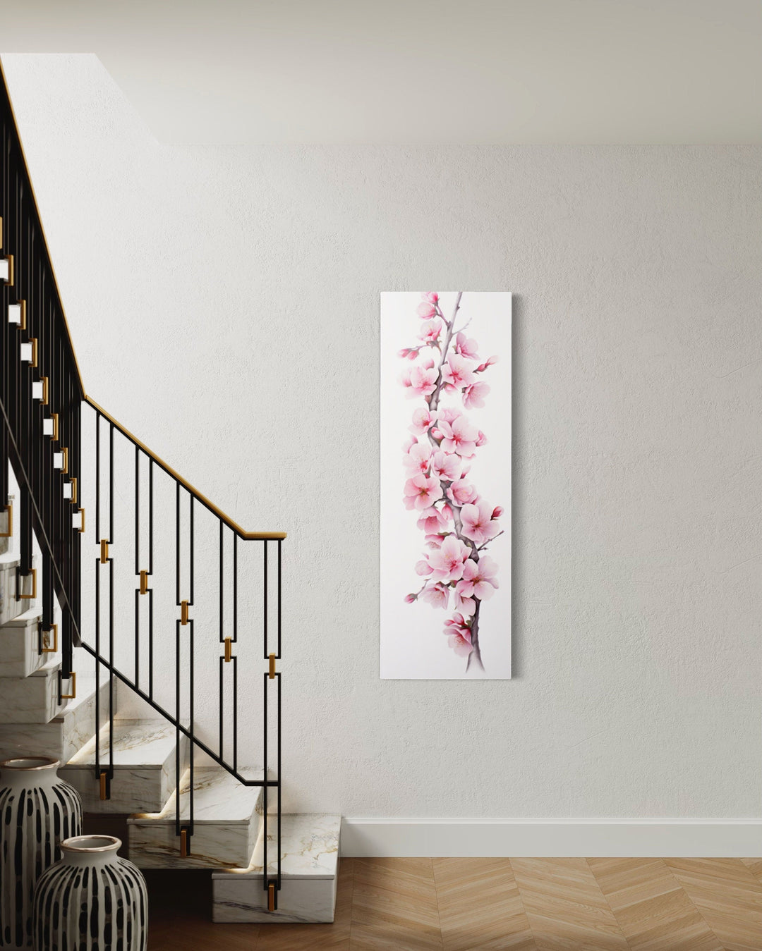 Long Narrow Pink Watercolor Cherry Blossom Sakura Vertical Framed Canvas Wall Art