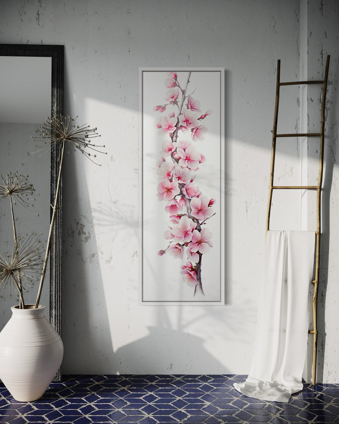 Long Narrow Pink Watercolor Cherry Blossom Sakura Vertical Framed Canvas Wall Art