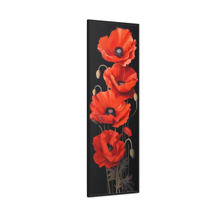 Long Narrow Red Poppies On Black Background Vertical Framed Canvas Wall Art