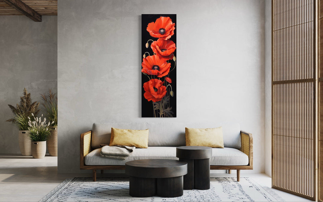 Long Narrow Red Poppies On Black Background Vertical Framed Canvas Wall Art